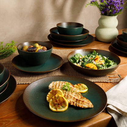 Bloomhouse Palermo Sun Service de table 16 pièces en grès émaillé réactif avec assiettes et bols doubles