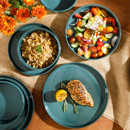 Service de table Bloomhouse Santorini Mist, 16 pièces, assiettes et bols doubles en terre cuite avec glaçure réactive