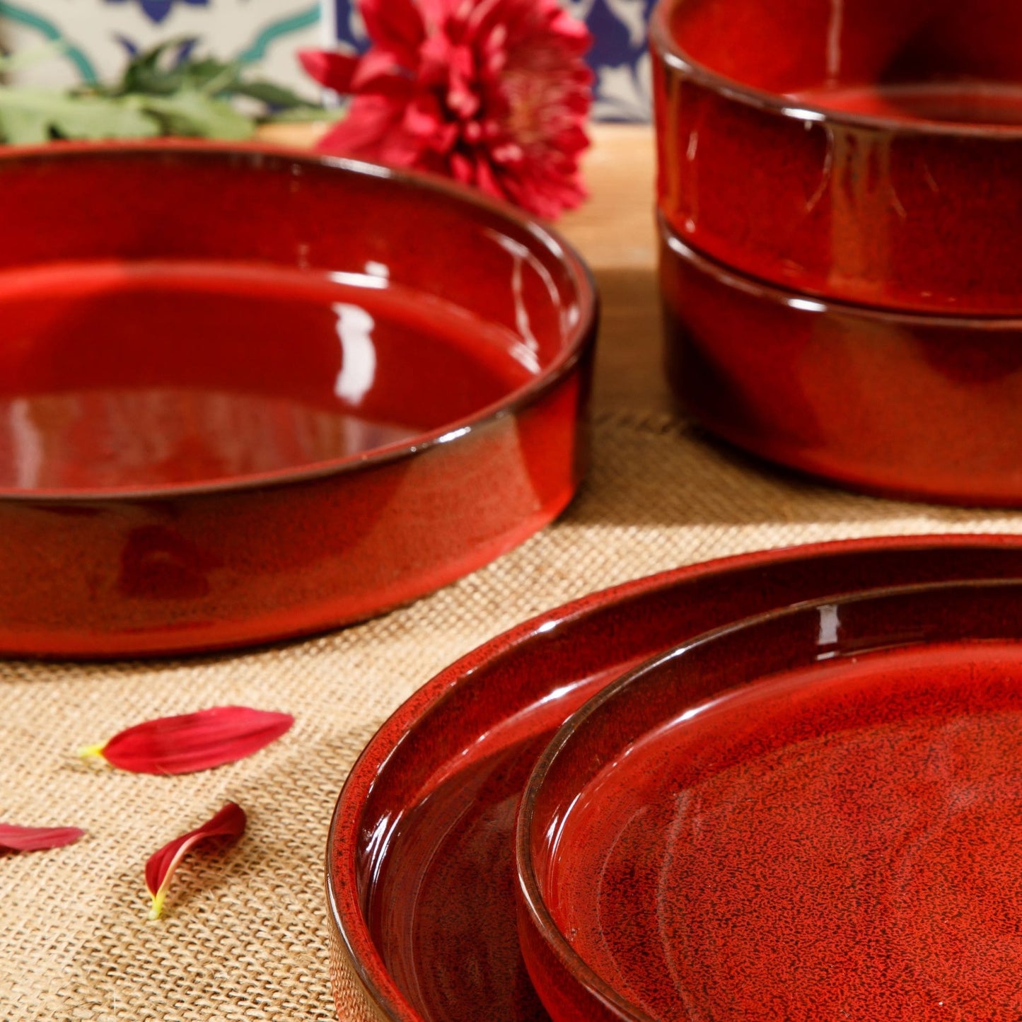 Service de table Bloomhouse Santorini Mist, 16 pièces, assiettes et bols doubles en terre cuite avec glaçure réactive