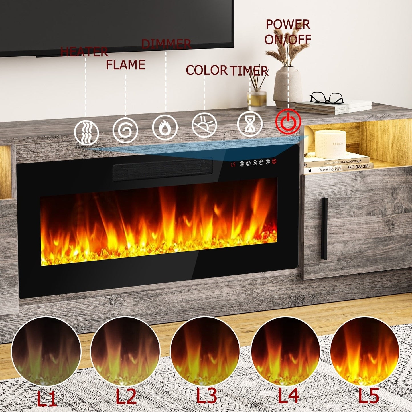 Meuble TV Bossin 70 avec cheminée électrique de 36 pouces, meuble TV pour téléviseurs jusqu'à 80 pouces, éclairage LED 16 couleurs/centre de divertissement