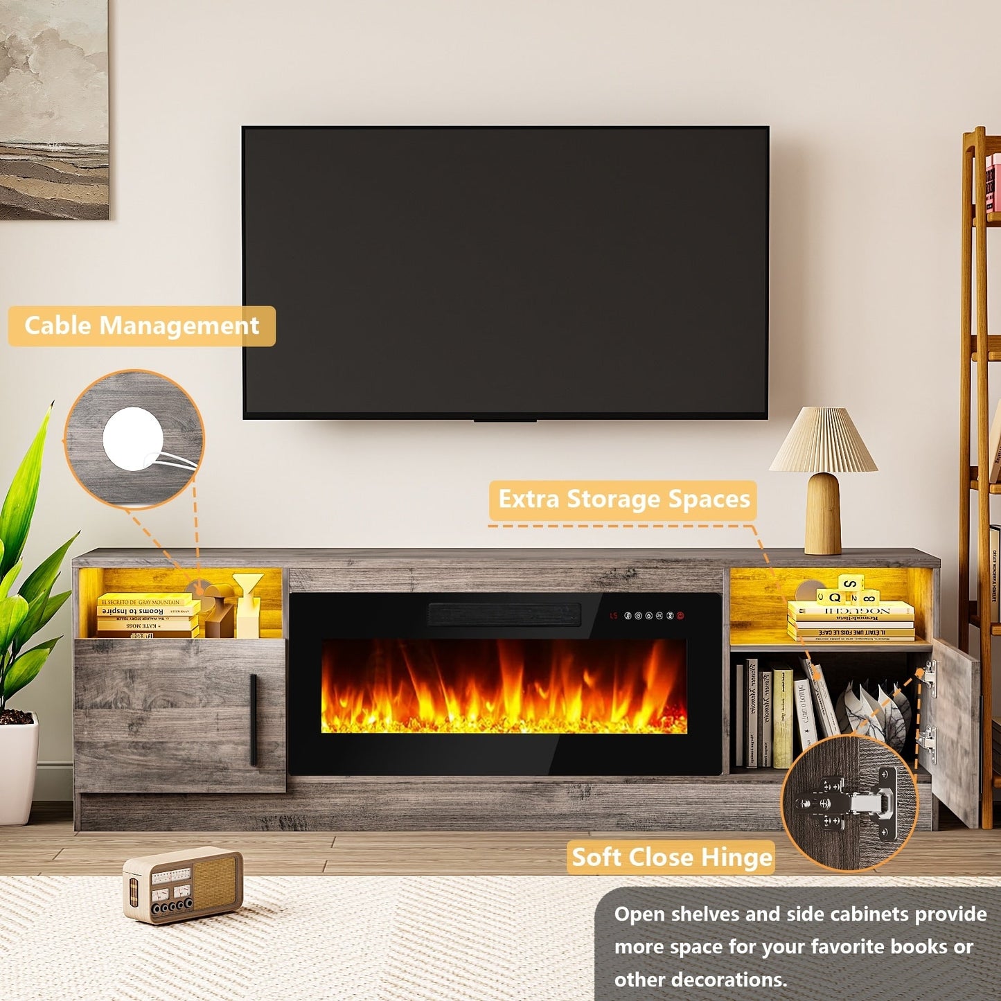 Meuble TV Bossin 70 avec cheminée électrique de 36 pouces, meuble TV pour téléviseurs jusqu'à 80 pouces, éclairage LED 16 couleurs/centre de divertissement
