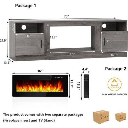 Meuble TV Bossin 70 avec cheminée électrique de 36 pouces, meuble TV pour téléviseurs jusqu'à 80 pouces, éclairage LED 16 couleurs/centre de divertissement