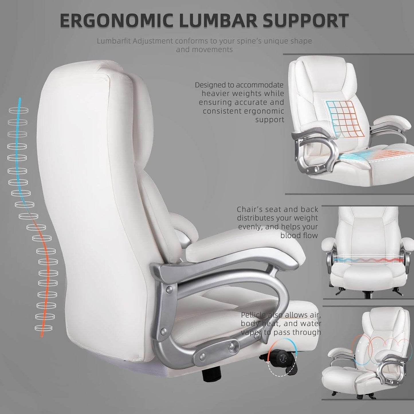 Chaise de bureau exécutive Bossin Big and Tall, chaise ergonomique à soutien lombaire réglable de 500 lb avec dossier haut en cuir PU pour ordinateur
