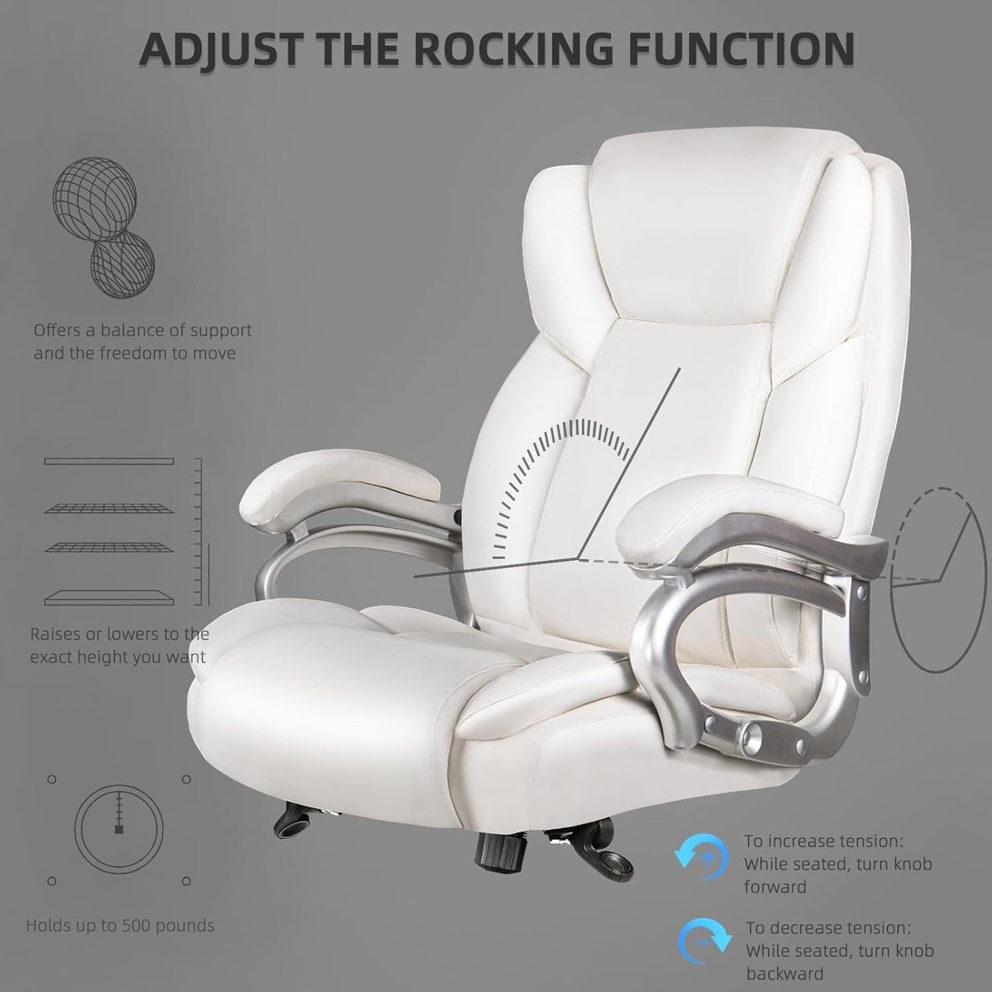 Chaise de bureau exécutive Bossin Big and Tall, chaise ergonomique à soutien lombaire réglable de 500 lb avec dossier haut en cuir PU pour ordinateur