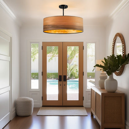 Lustre tambour Breaux à 4 lumières en placage de bois avec auvent noir – 22 po de largeur