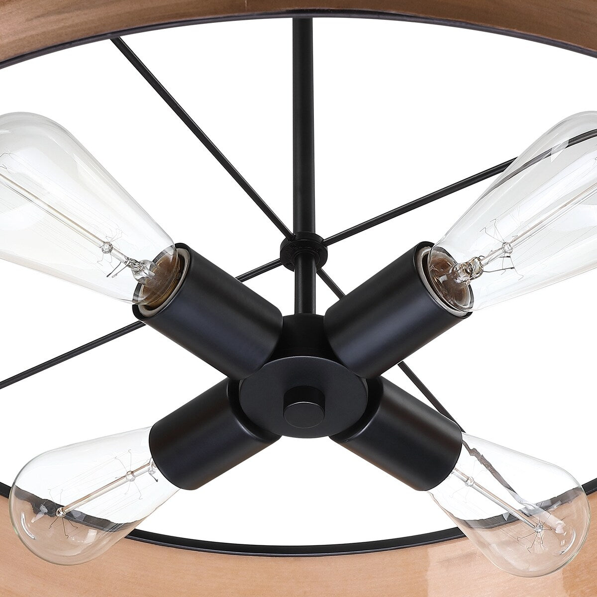 Lustre tambour Breaux à 4 lumières en placage de bois avec auvent noir – 22 po de largeur