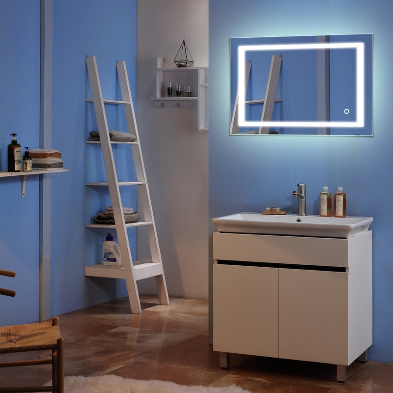 Miroir de salle de bain tactile à LED avec bande lumineuse intégrée, argenté