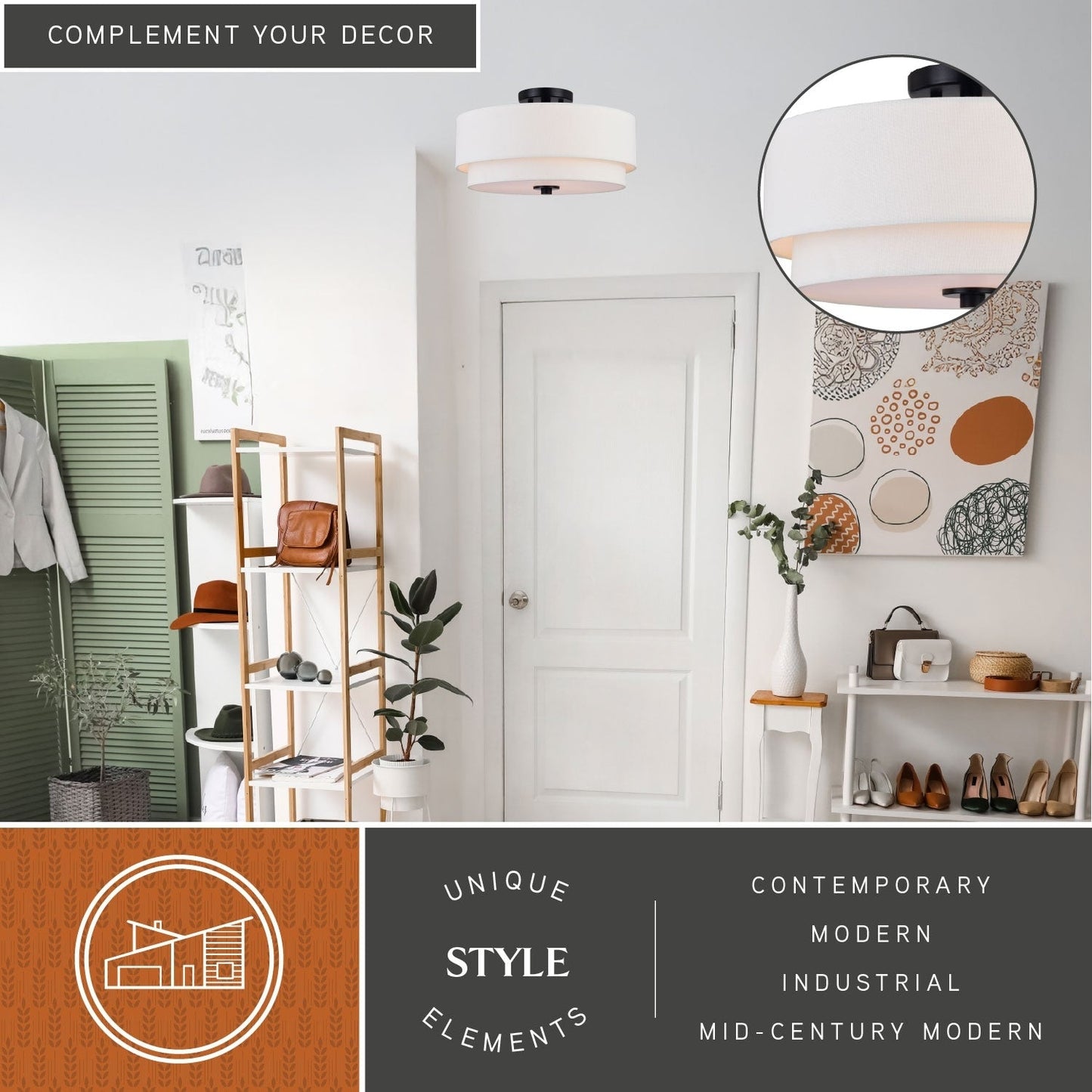 Plafonnier moderne Burnaby du milieu du siècle avec abat-jour tambour en lin blanc