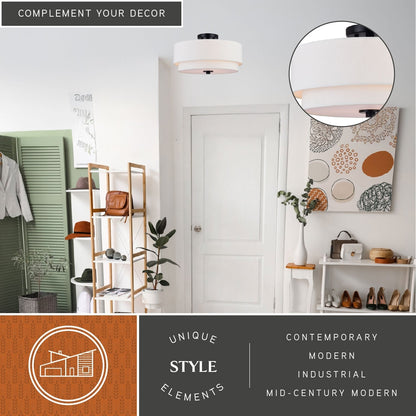 Plafonnier moderne Burnaby du milieu du siècle avec abat-jour tambour en lin blanc