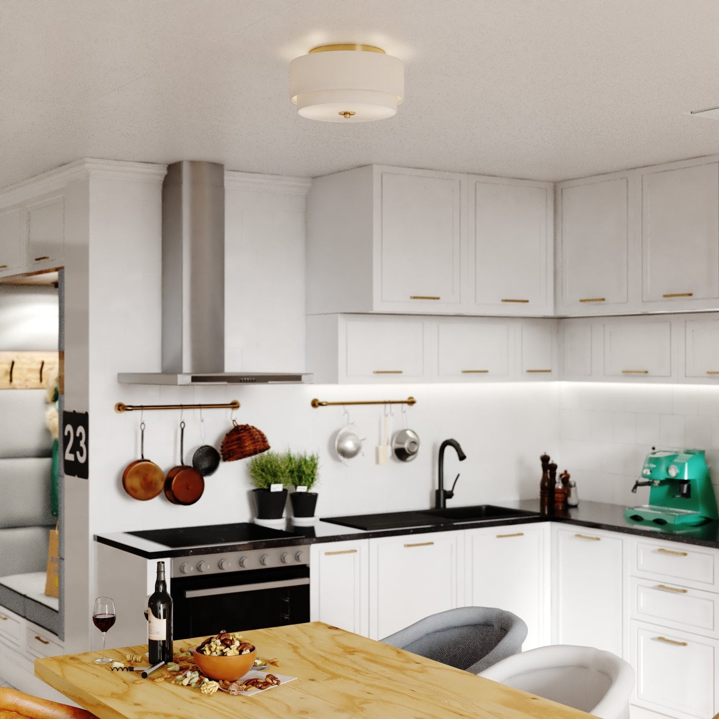 Plafonnier moderne Burnaby du milieu du siècle avec abat-jour tambour en lin blanc