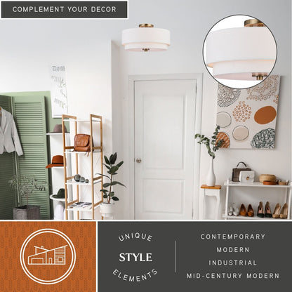 Plafonnier moderne Burnaby du milieu du siècle avec abat-jour tambour en lin blanc