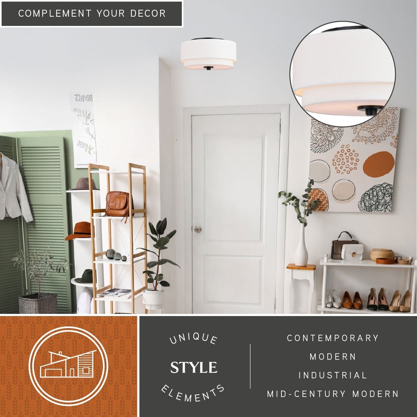 Plafonnier moderne Burnaby du milieu du siècle avec abat-jour tambour en lin blanc