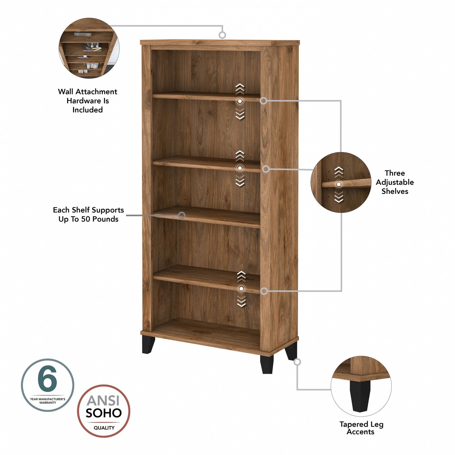 Bibliothèque haute à 5 étagères réglables Somerset de Bush Furniture