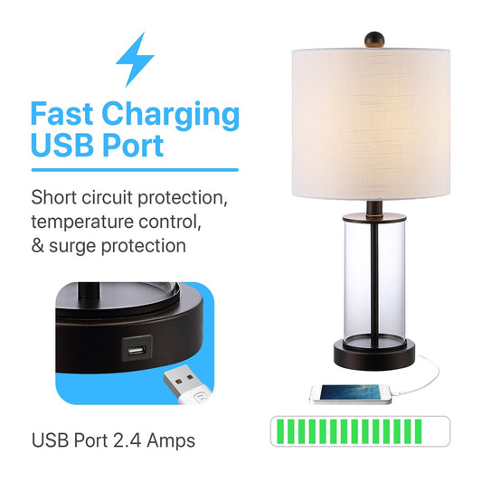 Lampe de table LED contemporaine Cabell 21 en verre, chargement USB, bronze huilé (lot de 2) par JONATHAN Y