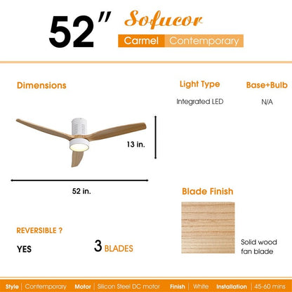 Ventilateur de plafond encastré de style campagnard de 52 pouces avec éclairage et télécommande, moteur CC réversible