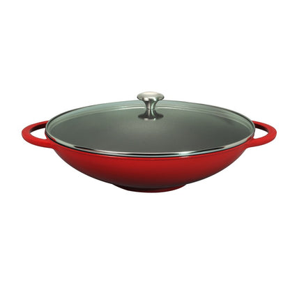 Wok Chasseur en fonte émaillée rouge de 40 cm avec couvercle en verre