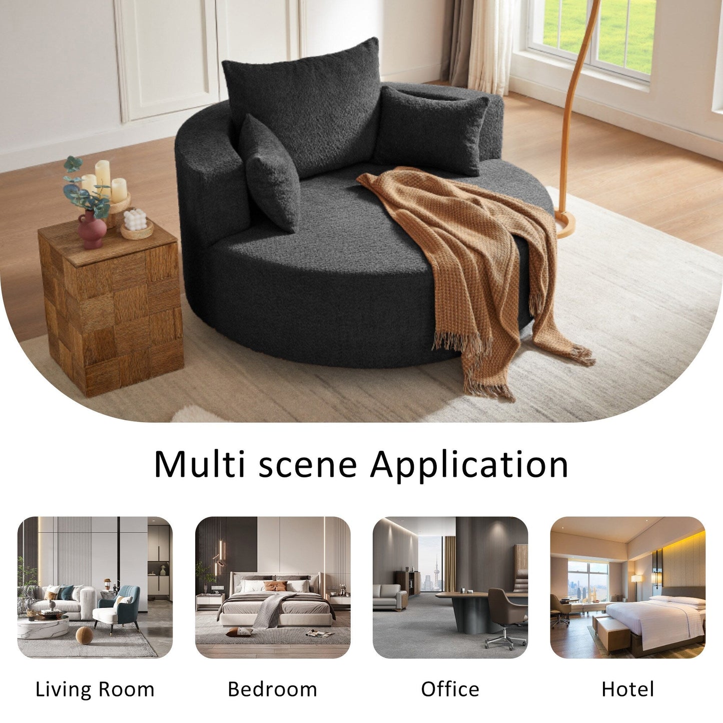 Fauteuil d'appoint en chenille, fauteuil rond avec base pivotante à 360 degrés et 3 coussins amovibles