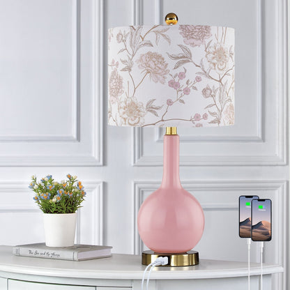 Lampe de table en céramique rose avec variateur tactile à 3 positions et deux ports de charge USB - 12'' x 12'' x 24'' (L x l x H)