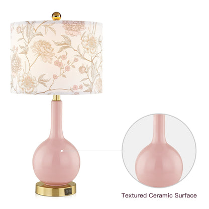 Lampe de table en céramique rose avec variateur tactile à 3 positions et deux ports de charge USB - 12'' x 12'' x 24'' (L x l x H)