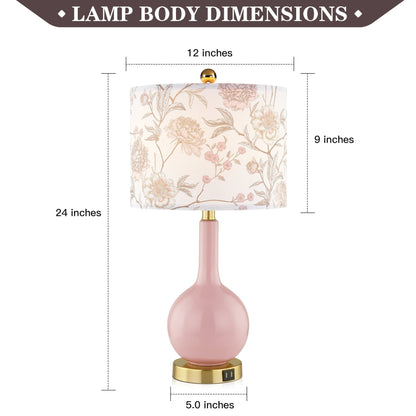 Lampe de table en céramique rose avec variateur tactile à 3 positions et deux ports de charge USB - 12'' x 12'' x 24'' (L x l x H)