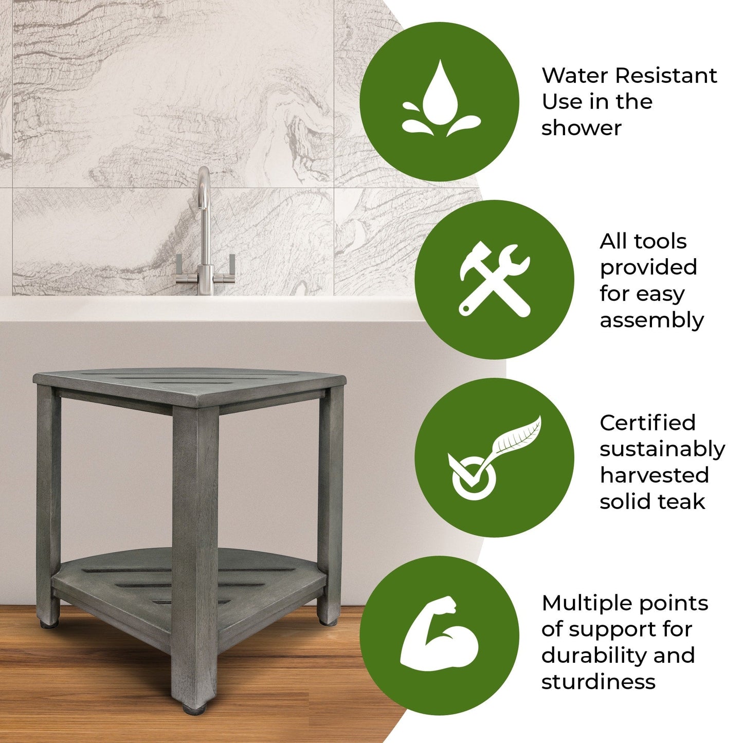 CoastalVogue, Étagère de douche d'angle en teck, Tabouret de douche pour se raser les jambes, Repose-pieds de douche, Tabouret de douche en teck, Tabouret de douche d'angle