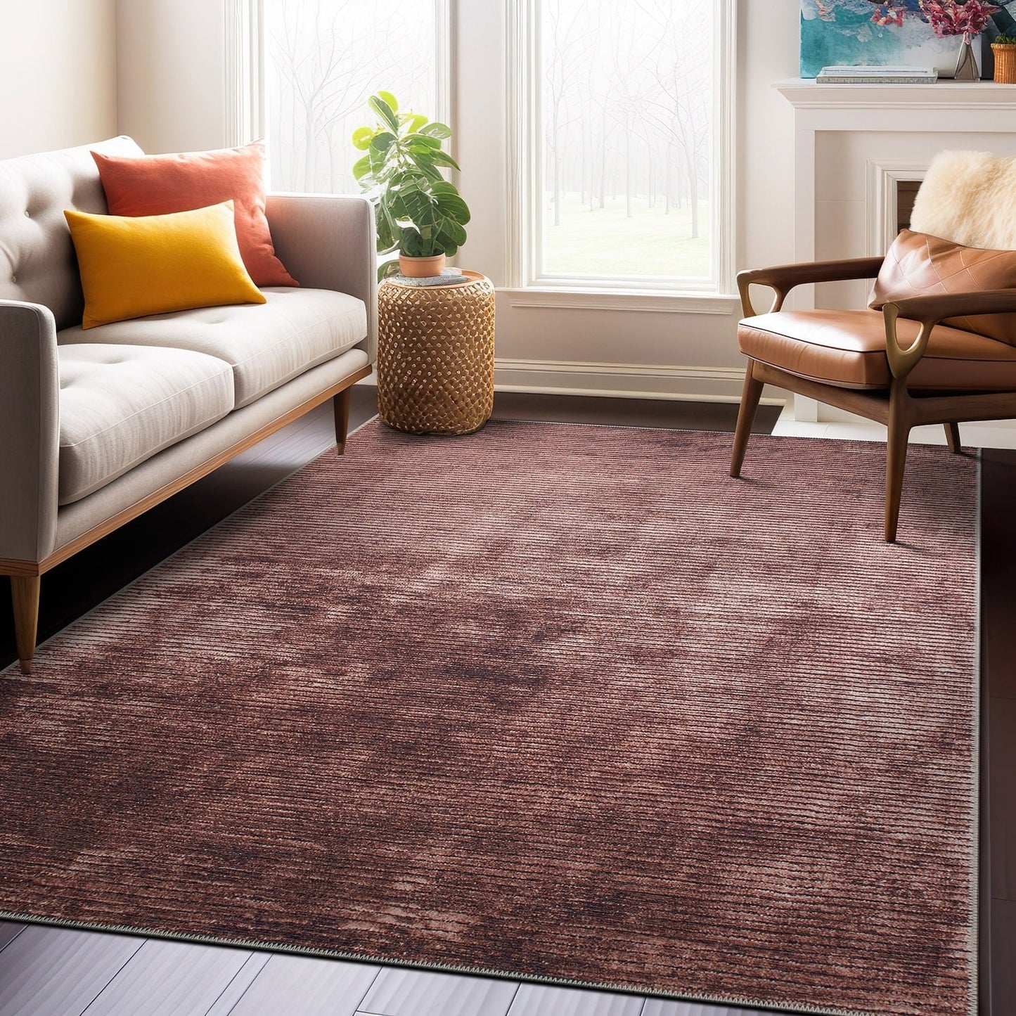 Tapis contemporain à rayures usées lavable en machine