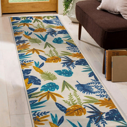 Tapis d'intérieur/extérieur contemporain à motif floral et feuilles