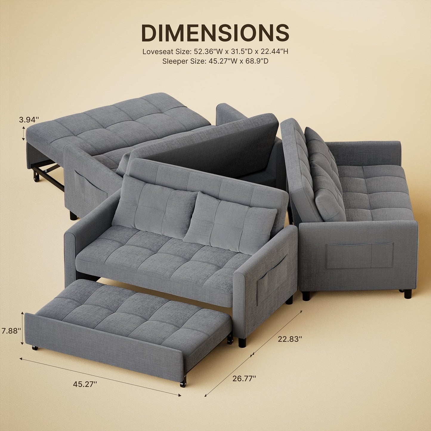 Canapé-lit convertible 3 en 1, chaise longue, causeuse avec lit escamotable, velours/tissu