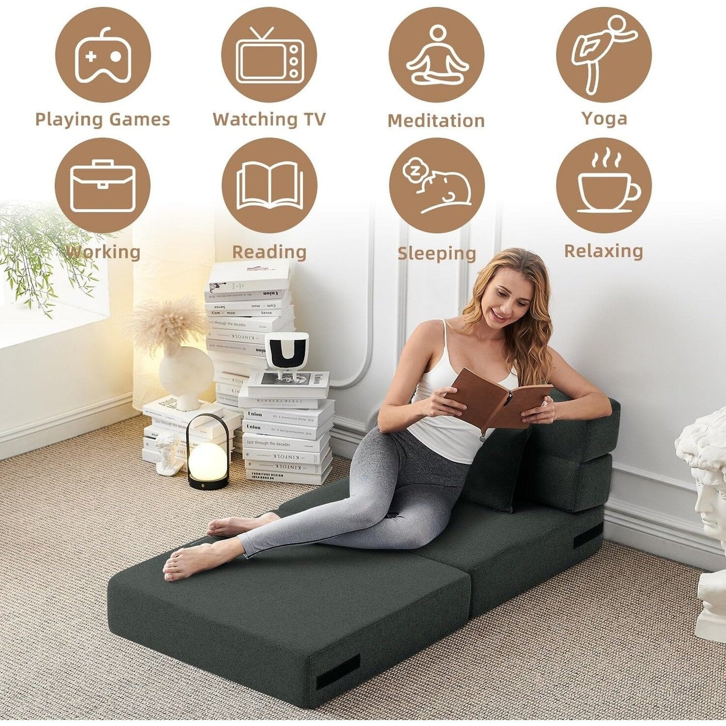 Canapé-lit convertible pliant – Fauteuil-lit moderne en lin avec oreiller et matelas pliable pour salon/dortoir/chambre d'amis