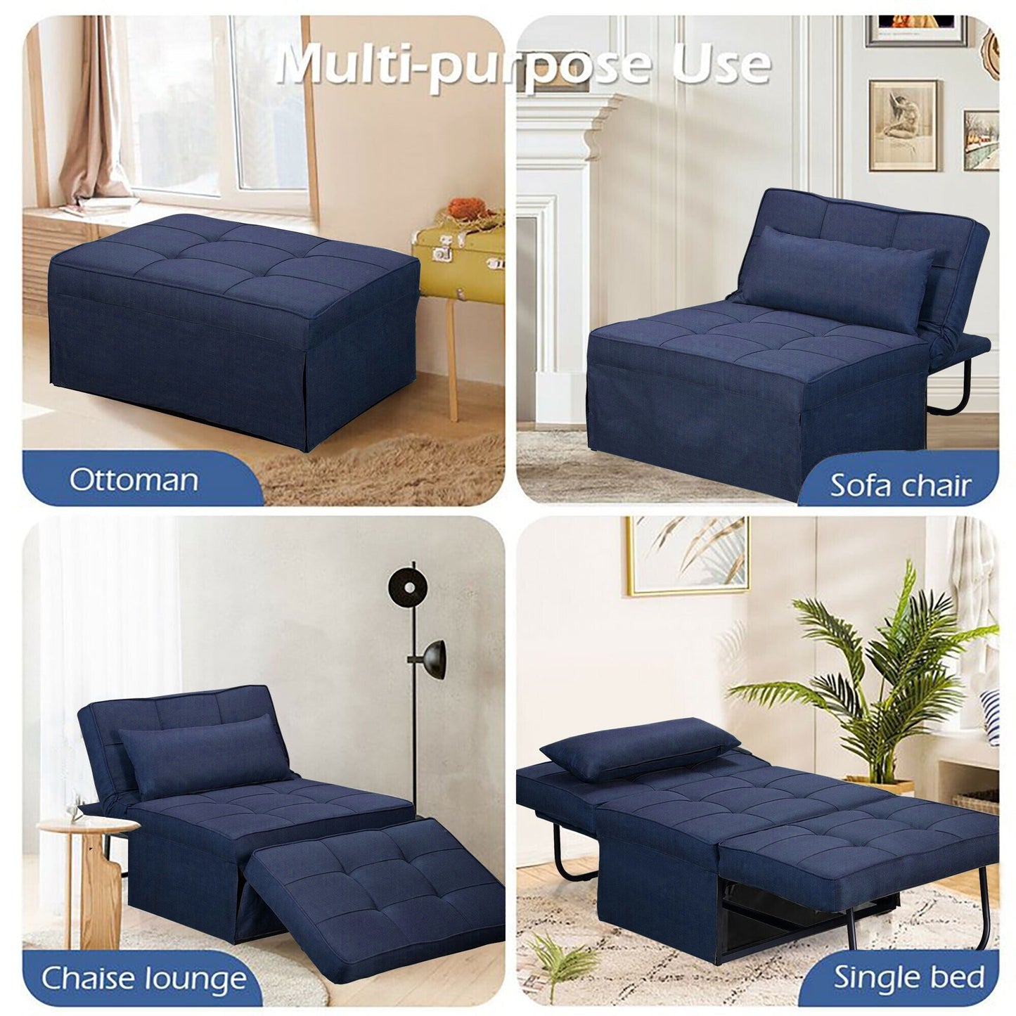 Canapé-lit convertible, fauteuil inclinable et ottoman pliable pour salon