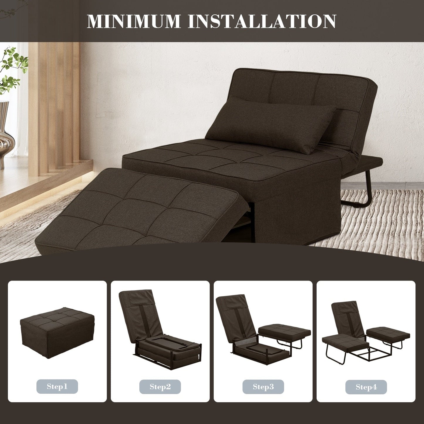 Canapé-lit convertible, fauteuil inclinable et ottoman pliable pour salon