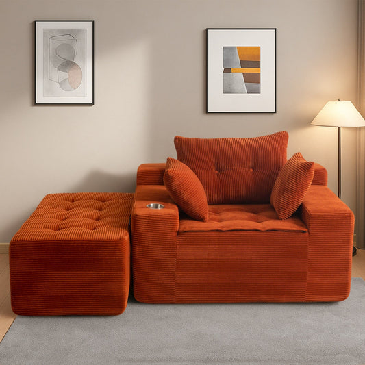 Canapé pouf rembourré en velours côtelé et mousse à mémoire de forme avec pouf - 48,4 L x 67,7 l x 24,4 H