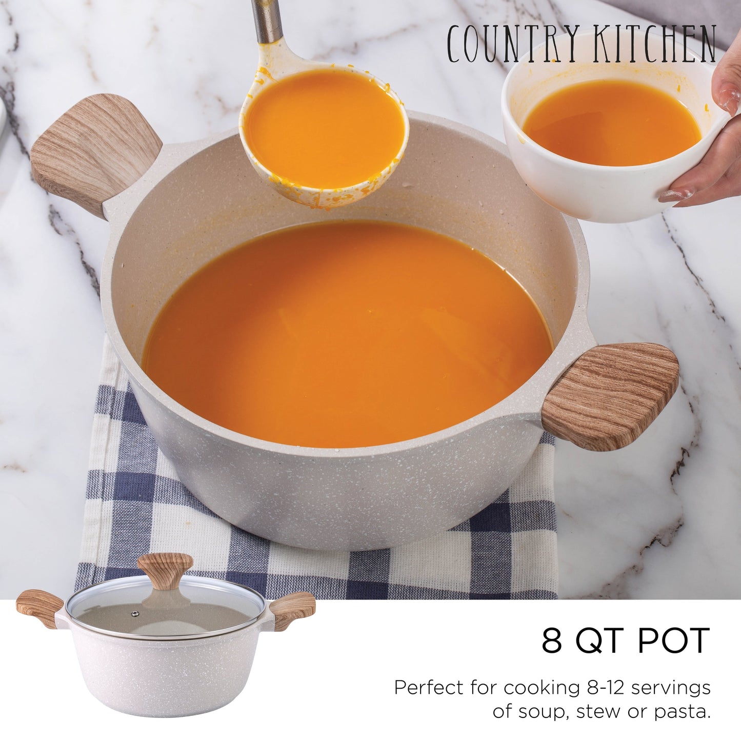 Batterie de cuisine antiadhésive en fonte d'aluminium Country Kitchen - Batterie de cuisine durable pour la cuisine quotidienne, 6 à 11 pièces