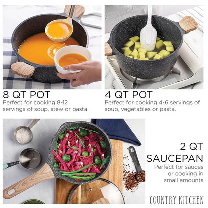 Batterie de cuisine antiadhésive en fonte d'aluminium Country Kitchen - Batterie de cuisine durable pour la cuisine quotidienne, 6 à 11 pièces