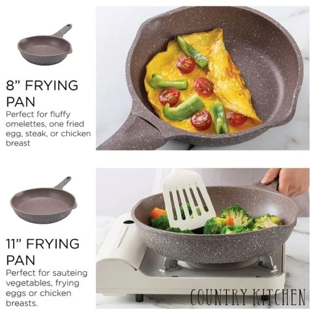 Batterie de cuisine antiadhésive en fonte d'aluminium Country Kitchen - Batterie de cuisine durable pour la cuisine quotidienne, 6 à 11 pièces