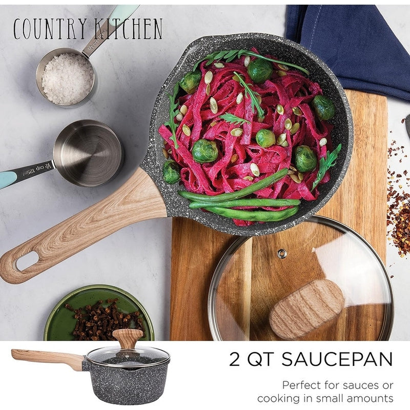 Batterie de cuisine antiadhésive en fonte d'aluminium Country Kitchen - Batterie de cuisine durable pour la cuisine quotidienne, 6 à 11 pièces