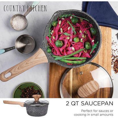 Batterie de cuisine antiadhésive en fonte d'aluminium Country Kitchen - Batterie de cuisine durable pour la cuisine quotidienne, 6 à 11 pièces