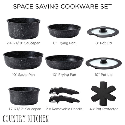 Batterie de cuisine Country Kitchen RV - 13 casseroles et poêles en aluminium avec poignée amovible, allant au four