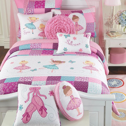 Parure de lit réversible en coton Cozy Line Ballerina Pink pour filles avec oreillers décoratifs