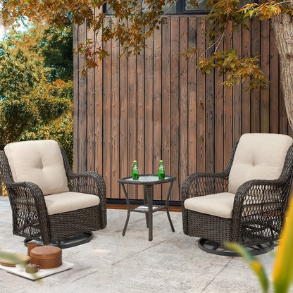 Ensemble de 3 chaises pivotantes à bascule en osier marron pour l'extérieur