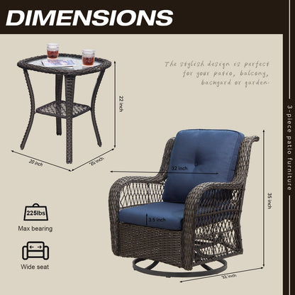Ensemble de 3 chaises pivotantes à bascule en osier marron pour l'extérieur