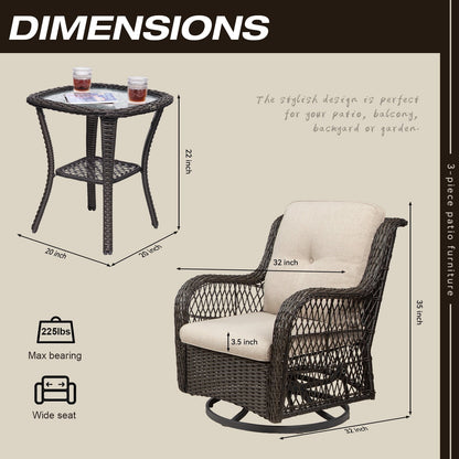 Ensemble de 3 chaises pivotantes à bascule en osier marron pour l'extérieur