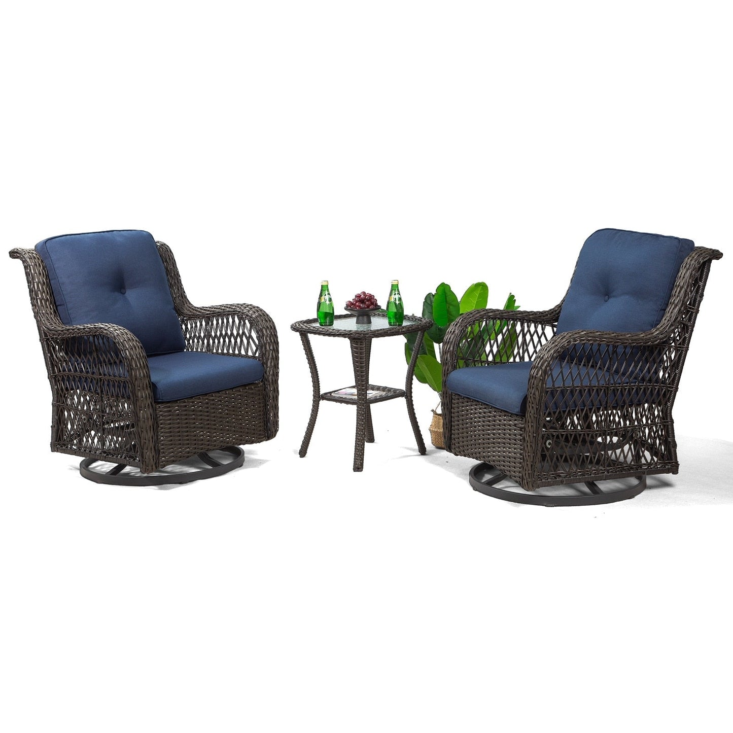 Ensemble de 3 chaises pivotantes à bascule en osier marron pour l'extérieur