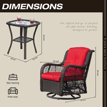 Ensemble de 3 chaises pivotantes à bascule en osier marron pour l'extérieur