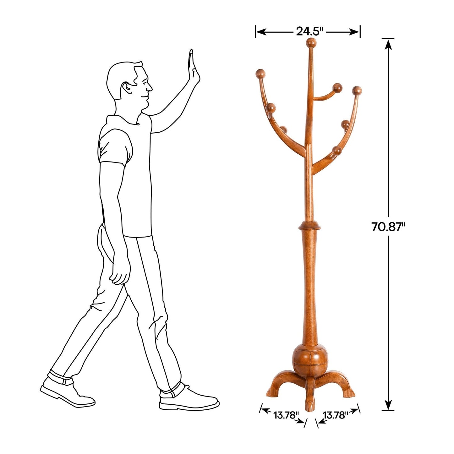 Porte-manteau autoportant en bois d'hévéa avec 8 crochets - 24,5 l x 70,87 h