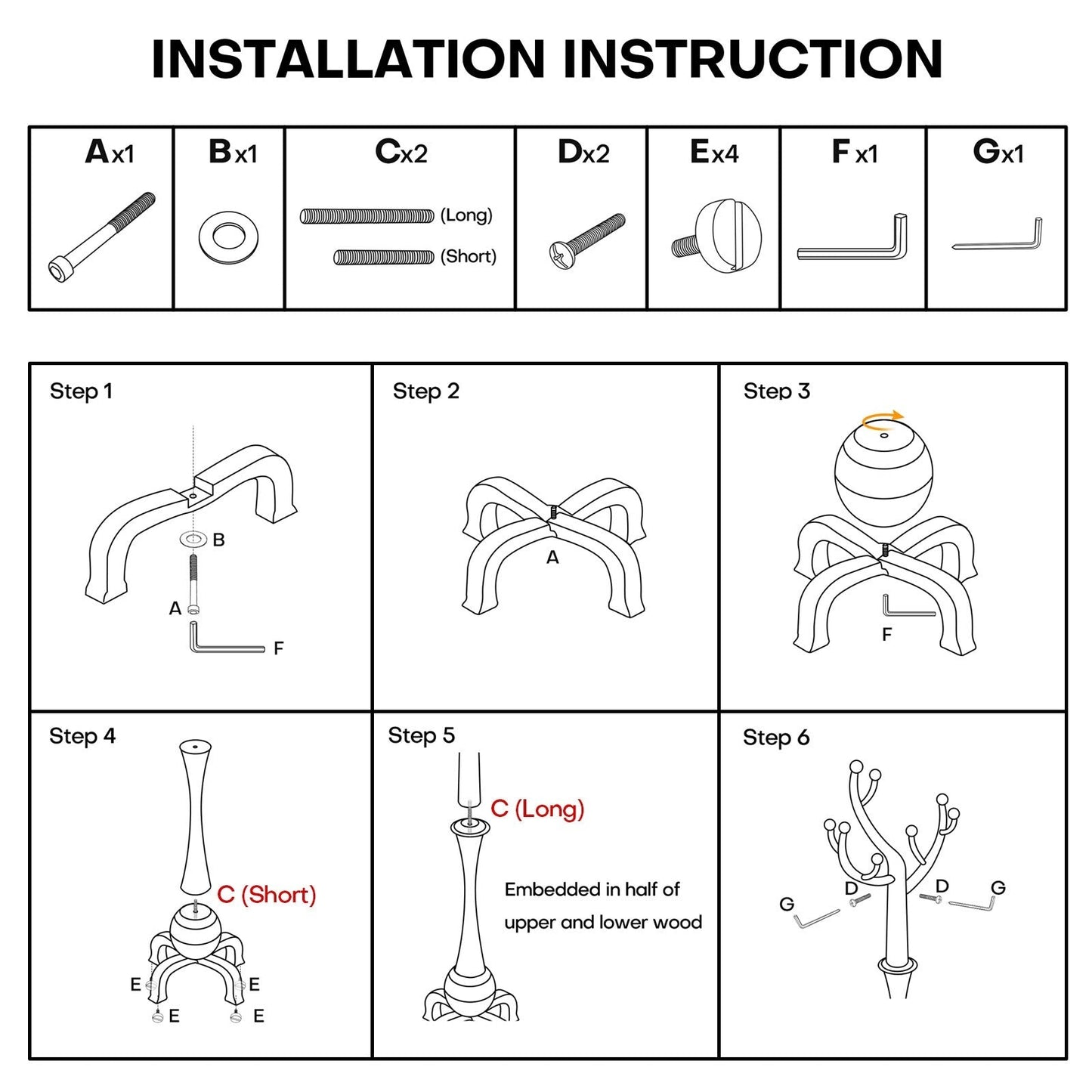 Porte-manteau autoportant en bois d'hévéa avec 8 crochets - 24,5 l x 70,87 h