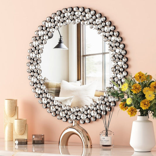 Miroir mural rond avec accents en cristal