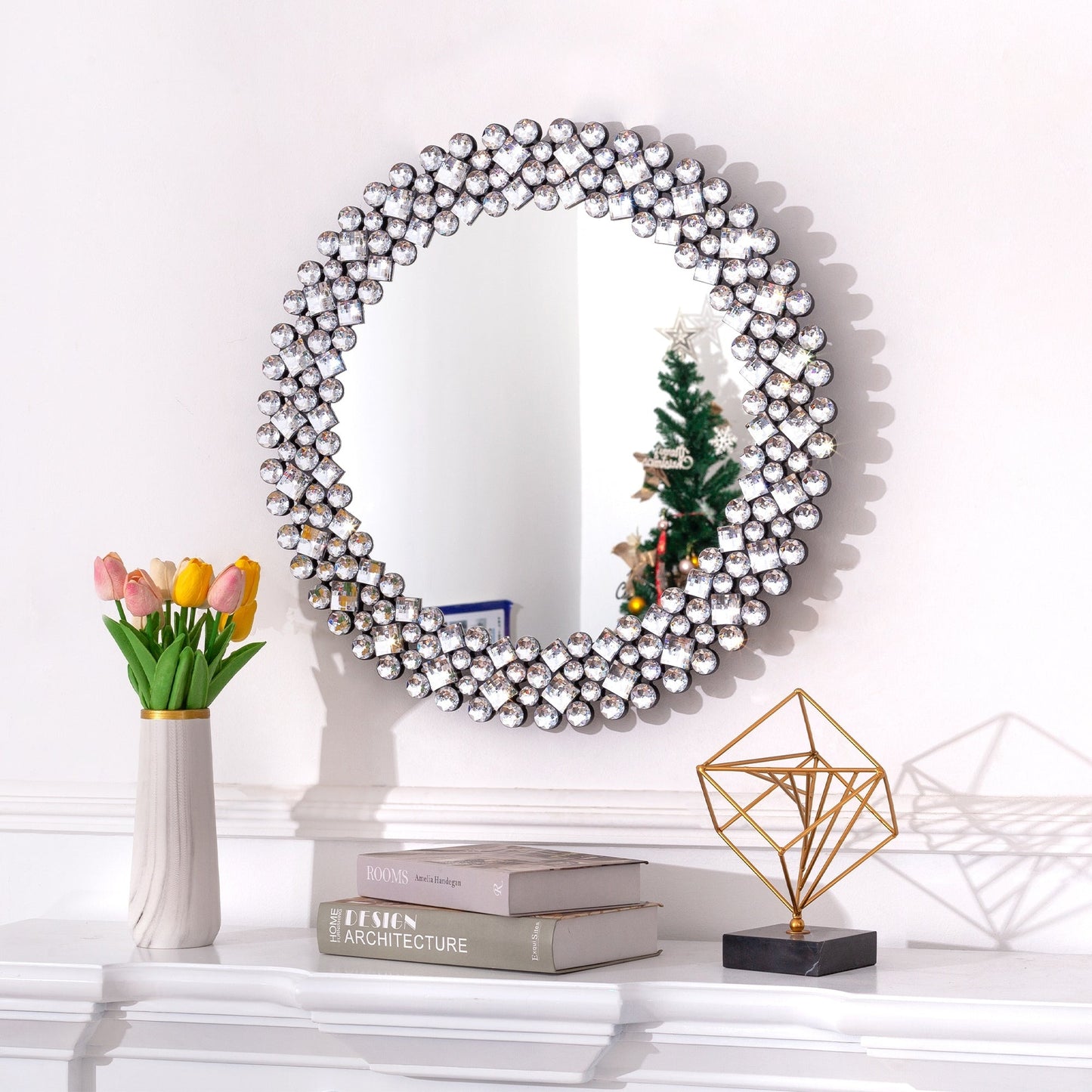 Miroir mural rond avec accents en cristal