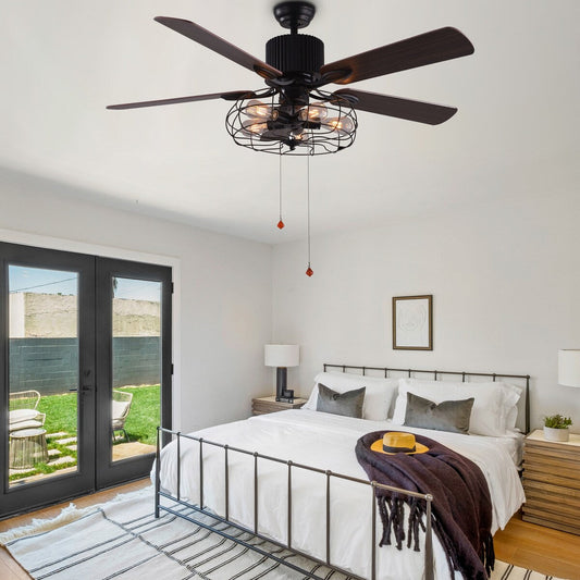 Ventilateur de plafond industriel CurveCurio Farmhouse noir à 5 lumières avec éclairage, télécommande et chaîne de traction 42-48-52 pouces