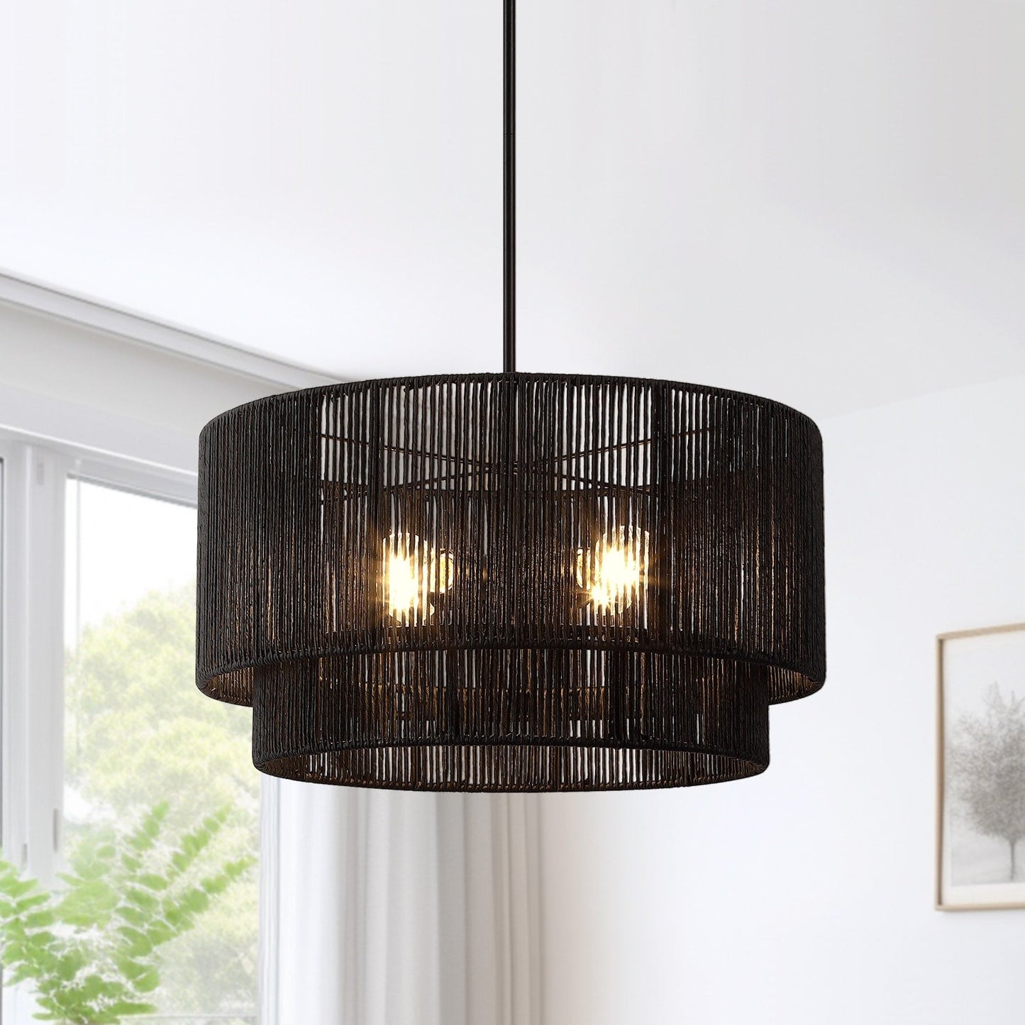 Lustre tambour en rotin noir Cynthia à 4 lumières - 22 po de largeur